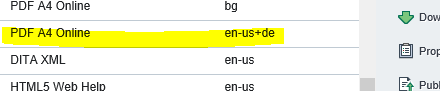 Screenshot showing Trados Studio interface with a highlighted section displaying 'PDF A4 Online' format with language set to 'en-us+de'.