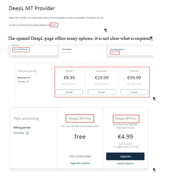 Screenshot of DeepL MT Provider page with various plan options. Top section shows tabs for individuals, teams, and developers. Middle section displays Starter, Advanced, and Ultimate plans with prices. Bottom section highlights DeepL API Free and DeepL API Pro with respective character limits and prices.