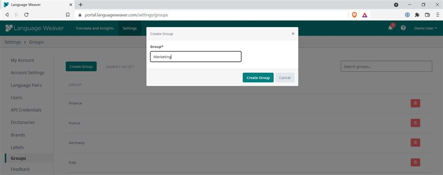 Language Weaver portal showing 'Create Group' pop-up with 'Marketing' entered as the group name.