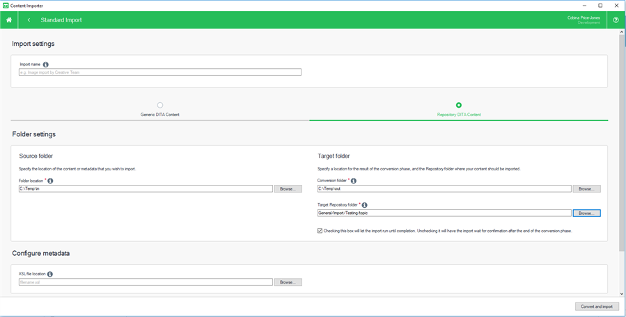 Screenshot of the Content Importer interface in Trados Studio with fields for import name, folder location, and metadata configuration.