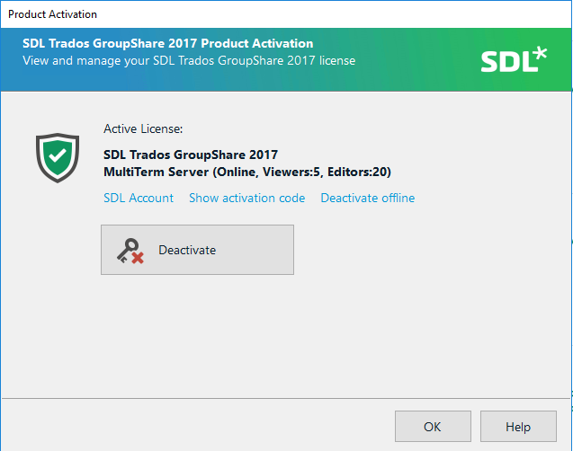 SDL Trados GroupShare 2017 Product Activation window showing an active license for MultiTerm Server with details for online viewers and editors.