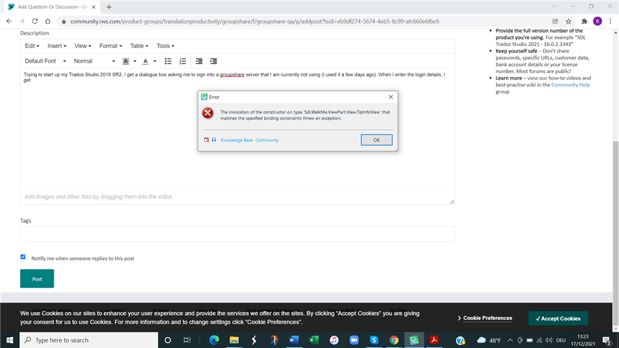 Screenshot of a Trados Studio error dialog box with the message 'The invocation of the constructor on type 'Sdl.WalkMe.ViewPort.Views.ToplineView' that matches the specified binding constraints threw an exception.'