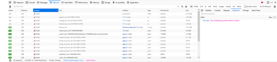 Screenshot of Trados Studio's network activity displaying successful GET requests. A console error message reads 'The underlying provider failed on Open.'