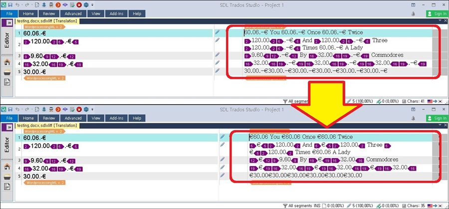 Screenshot of Trados Studio interface showing two instances of the software with highlighted text differences in translation segments.