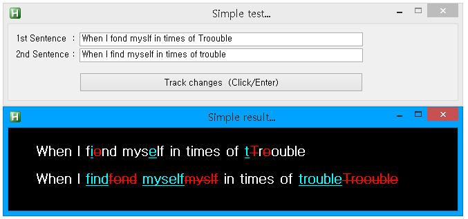 Screenshot of Trados Studio showing a comparison test with two text inputs. The first input has a typo 'fond' instead of 'find' and 'Trouoble' instead of 'trouble'.