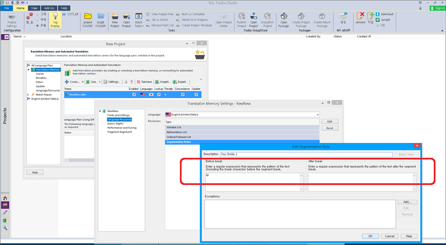 Trados Studio screenshot showing the Translation Memory Settings window with a red box highlighting the 'Edit Segmentation Rule' section.