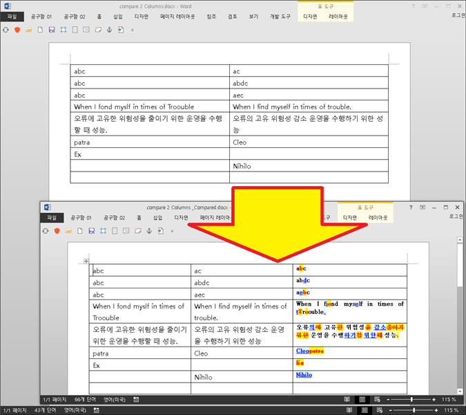 Screenshot of Trados Studio showing a MS Word document with two columns being compared. Highlighted differences are visible, with one column showing 'When I fond myself in times of Troouble' and the other 'When I find myself in times of trouble.'