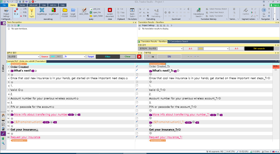 Trados Studio interface displaying the translation of an Excel file with source and target segments, highlighting the 'Smile' segmentation.
