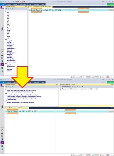 Screenshot of Trados Studio interface showing the Term Recognition window with a list of terms and synonyms wrapped in a text box, and an arrow pointing downwards to the Translation Results window indicating the term wrapping feature.