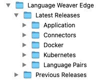 Screenshot showing the updated file folder structure for Language Weaver Edge with folders for Latest Releases, Application, Connectors, Docker, Kubernetes, Language Pairs, and Previous Releases.