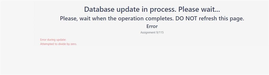 Trados Studio update error message displaying 'Database update in process. Please wait... Error during update: Attempted to divide by zero. Assignment 9115'