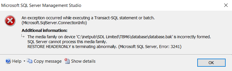 Error message in Microsoft SQL Server Management Studio indicating a problem with executing a Transact-SQL statement. It mentions the media family on the specified device is incorrectly formed and SQL Server cannot process this media family.