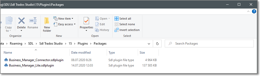 File Explorer window showing SDL Trados Studio 15 Plugins Packages directory with two files: Business_Manager_Connector.sdlplugin and Business_Manager_Lite.sdlplugin.