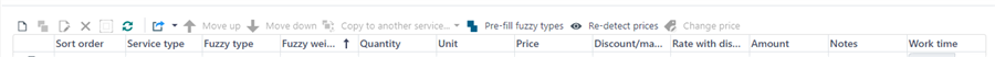 Screenshot of the job tasks table in Trados Business Manager 6.1.0 showing columns for Sort order, Service type, Fuzzy type, Fuzzy weight, Quantity, Unit, Price, Discountmarkup, Rate with discount, Amount, Notes, and Work time, but missing 'Quantity (weighted)' column.