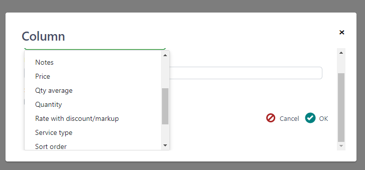 Screenshot of the column chooser in Trados Studio showing available fields including Notes, Price, Qty average, Quantity, Rate with discountmarkup, Service type, and Sort order. The 'Quantity (weighted)' field is missing.