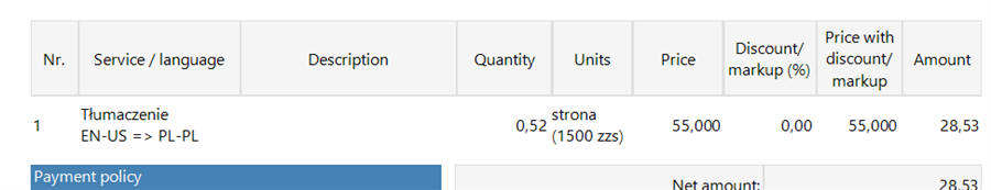 Screenshot of a Trados Studio quote PDF showing a single service line item for translation from EN-US to PL-PL with quantity and pricing details.