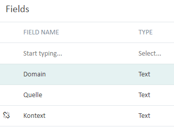 Screenshot of Trados Studio showing the Fields section with 'Domain', 'Quelle', and 'Kontext' listed as text fields.