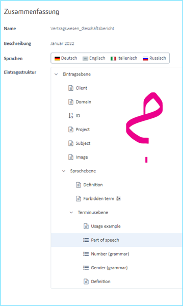 Trados Live screenshot of 'Summary' section with languages listed and 'Entry structure' expanded showing 'Context' unchecked while other fields like 'Client' and 'Domain' are checked.