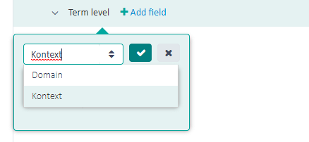 Screenshot of Trados Studio showing a dropdown menu with 'Kontext' being selected to add to the Term level structure.