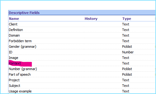 Screenshot of Trados Studio showing a list of descriptive fields with 'Kontext' highlighted in pink, indicating it has been added to the list.