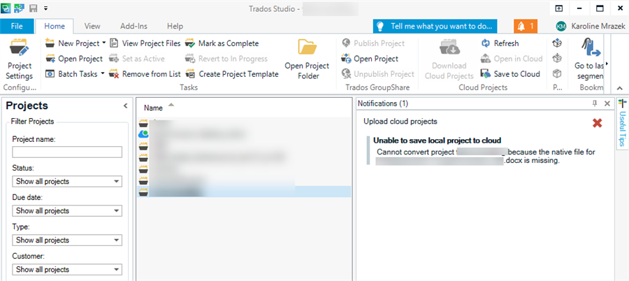 Error message in Trados Studio stating 'Unable to save local project to cloud' and 'Cannot convert project because the native file for .docx is missing.'