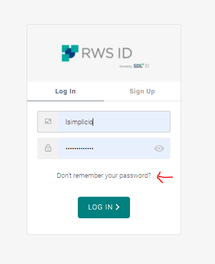 Screenshot of Trados Studio login page with RWS ID logo, showing fields for username and password, and a 'Don't remember your password?' link highlighted with a red arrow.