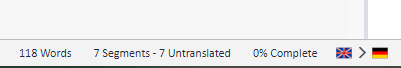 Trados Studio status bar indicating 118 words, 7 segments, 7 untranslated, and 0% complete for a translation task with German and British flags.