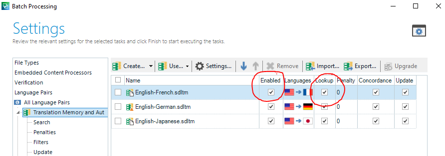 Screenshot of Trados Studio's Batch Processing Settings with 'Translation Memory and Automated Translation' section showing 'English-German.sdltrm' enabled and ticked for 'Lookup'.