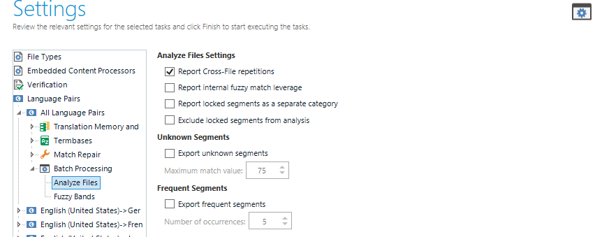 Screenshot of Trados Studio's Settings under 'Batch Processing' for 'Analyze Files' with options for reporting repetitions and exporting segments checked.