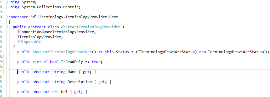 Screenshot of Trados Studio code snippet showing the AbstractTerminologyProvider class with IsReadOnly property set to true.