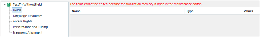 Screenshot of Translation Memory Settings showing an error message: 'The fields cannot be edited because the translation memory is open in the maintenance editor.'