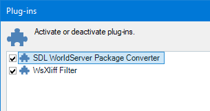 Trados Studio Plug-ins window showing two plugins: SDL WorldServer Package Converter and WsXliff Filter, both activated.