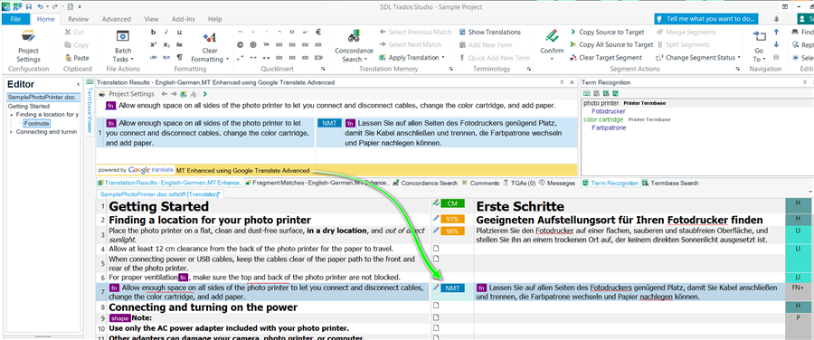 Trados Studio interface showing a sample project with error message 'Glossary not found, failed to initialize a glossary'.