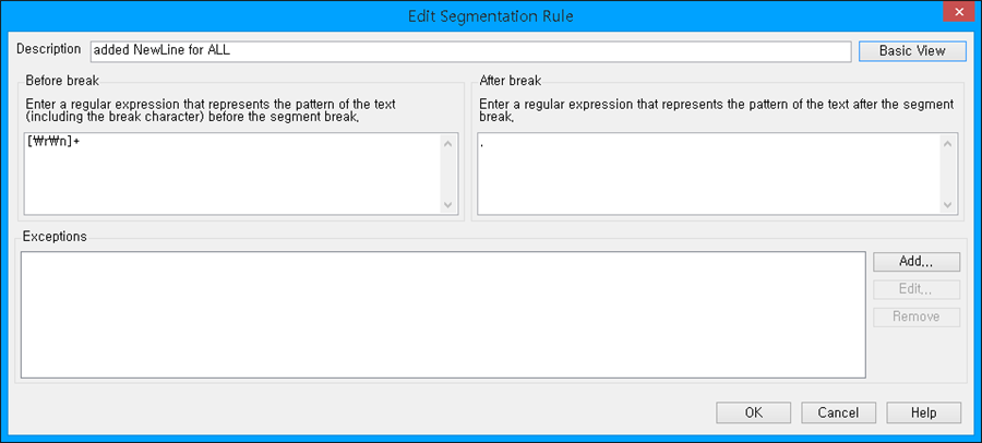 Trados Studio Edit Segmentation Rule window showing a rule description 'added NewLine for ALL' with a regular expression in the 'Before break' field.