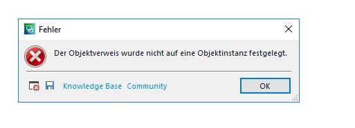 Error message in Trados Studio stating 'The object reference was not set to an object instance.' with Knowledge Base and Community buttons and an OK button.