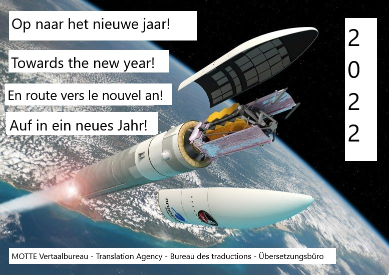 A festive Trados Studio screenshot featuring a rocket launching into space with multilingual New Year's greetings. Text reads 'Op naar het nieuwe jaar!', 'Towards the new year!', 'En route vers le nouvel an!', 'Auf in ein neues Jahr!' and '2022' on the side.