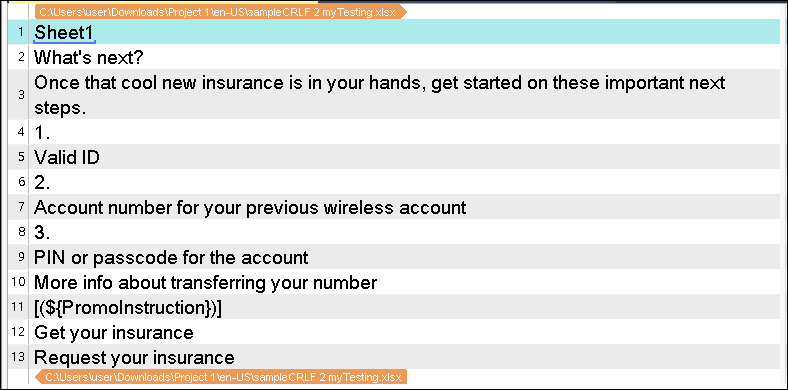 Trados Studio plain text sample file with steps listed for insurance procedures, displayed correctly with NewLine characters.