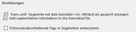 Trados Studio settings dialog with three options, the second option 'Add segmentation information to the translated file' is checked.