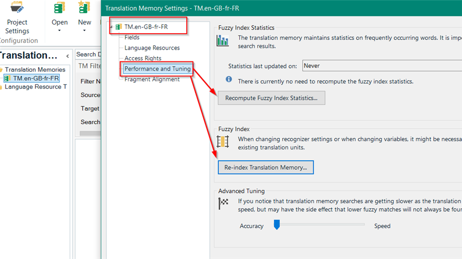 Trados Studio Translation Memory Settings window showing TM-en-GB-fr-FR selected with Performance and Tuning tab open. Options for Recompute Fuzzy Index and Re-index Translation Memory are visible.
