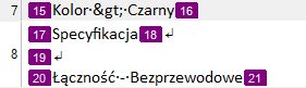 Screenshot of Trados Studio showing a segment with incorrect line break in an Excel file, with text 'Kolor: Czarny' and ' czno : Bezprzewodowe' not segmented properly.