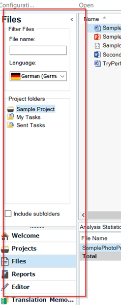 Trados Studio screenshot showing the expanded left navigation sidebar with 'Files' selected. The 'Include subfolders' option is checked. Language filter set to 'German'.