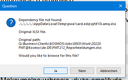 Error message in Trados Studio stating 'Dependency file not found' with file paths listed and options to browse for the file.