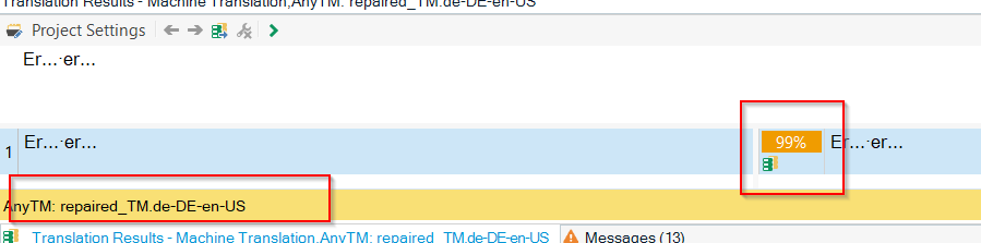 Trados Studio screenshot showing a 99% match from AnyTM with a warning symbol indicating an error in the translation memory.