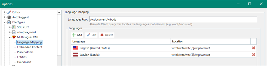 Trados Studio Multilingual XML file type options showing language mapping for English and Latvian with XPath locations.