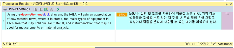 Trados Studio translation results window showing English to Korean translation with a 97% match. Source text and target text are displayed side by side.
