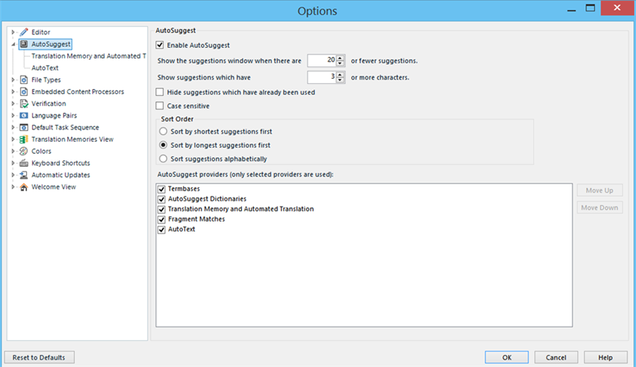 Trados Studio Options window with AutoSuggest settings, no errors or warnings present.