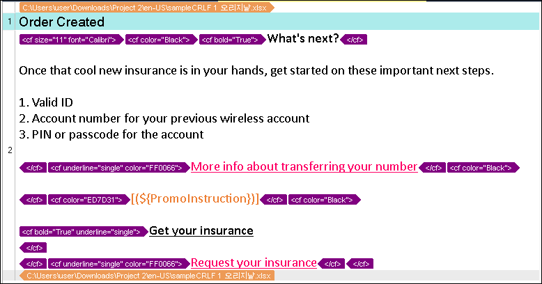 Trados Studio sample file with HTML-like tags showing incorrect text formatting and unexpected characters in the output.