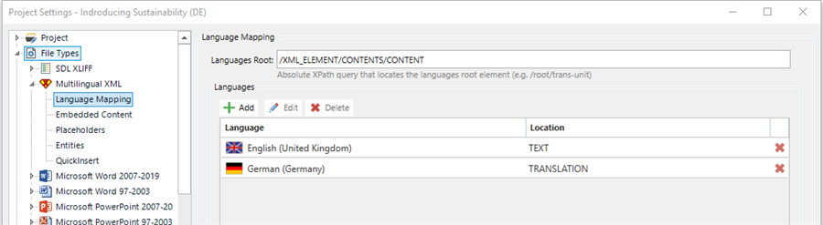 Trados Studio project settings showing language mapping for Multilingual XML with English and German languages.