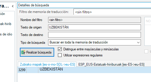 Trados Studio search details with 'UZBEKISTAN' as the search term, showing unit #3299 in the results.