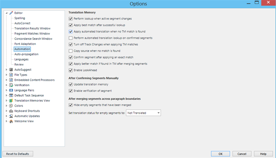Trados Studio Options window displaying Translation Memory settings without any errors.
